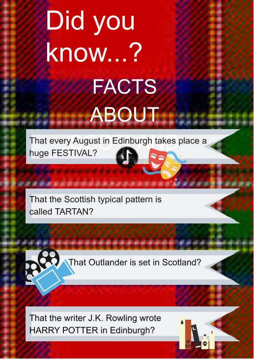 Did you know...? FACTS ABOUT SCOTLAND That every August in Edinburgh takes place a huge FESTIVAL?   That the Scottish typical pattern is called TARTAN? That Outlander is set in Scotland? That the writer J.K. Rowling wrote HARRY POTTER in Edinburgh?