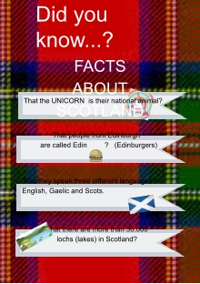 Did you know...? FACTS ABOUT SCOTLAND That the UNICORN  is their national animal?   That people from Edinburgh are called Edin         ?   (Edinburgers)   That they speak three different languages? English, Gaelic and Scots.    That there are more than 30.000 lochs (lakes) in Scotland?